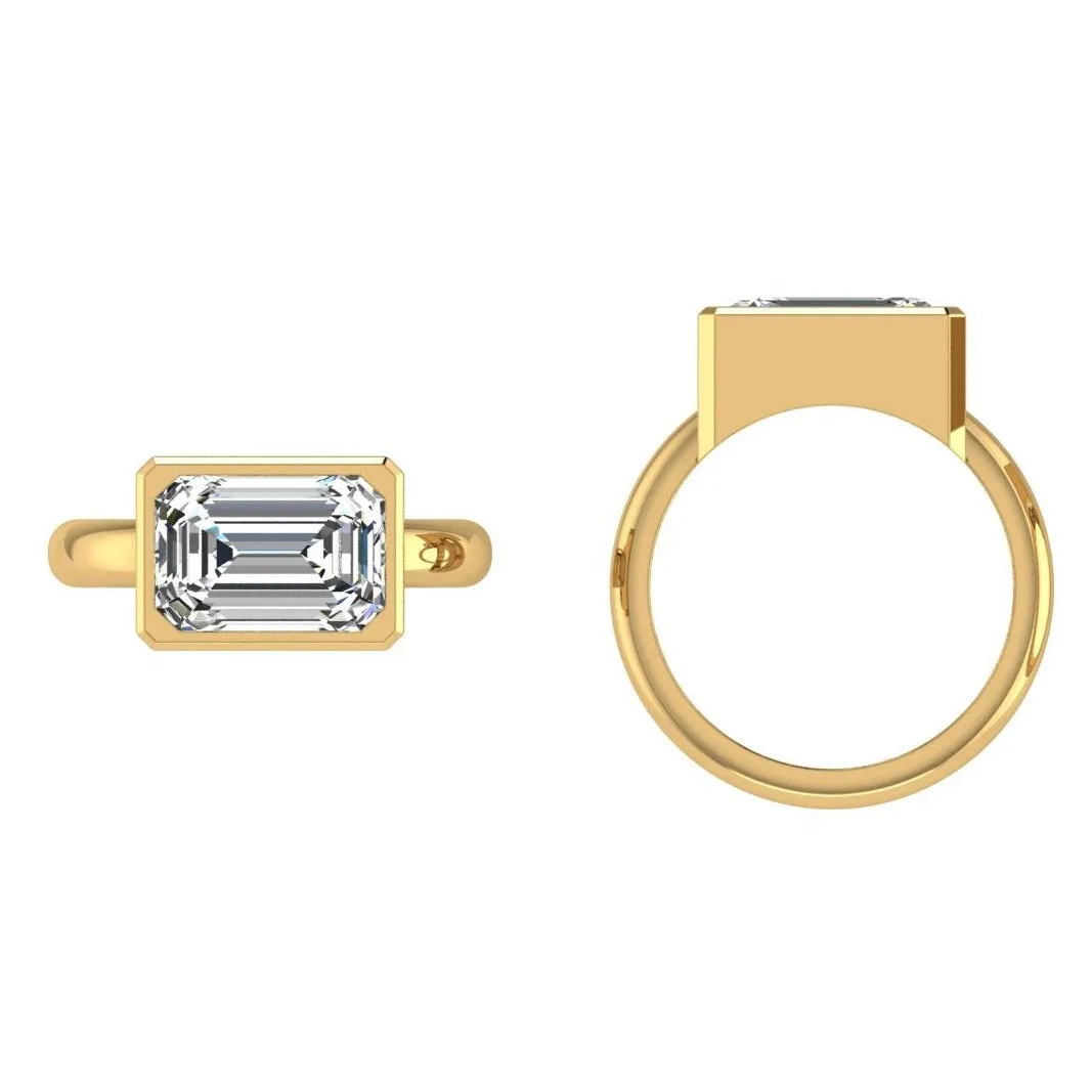 East West Emerald Cut Diamond Solitaire Bezel Setting