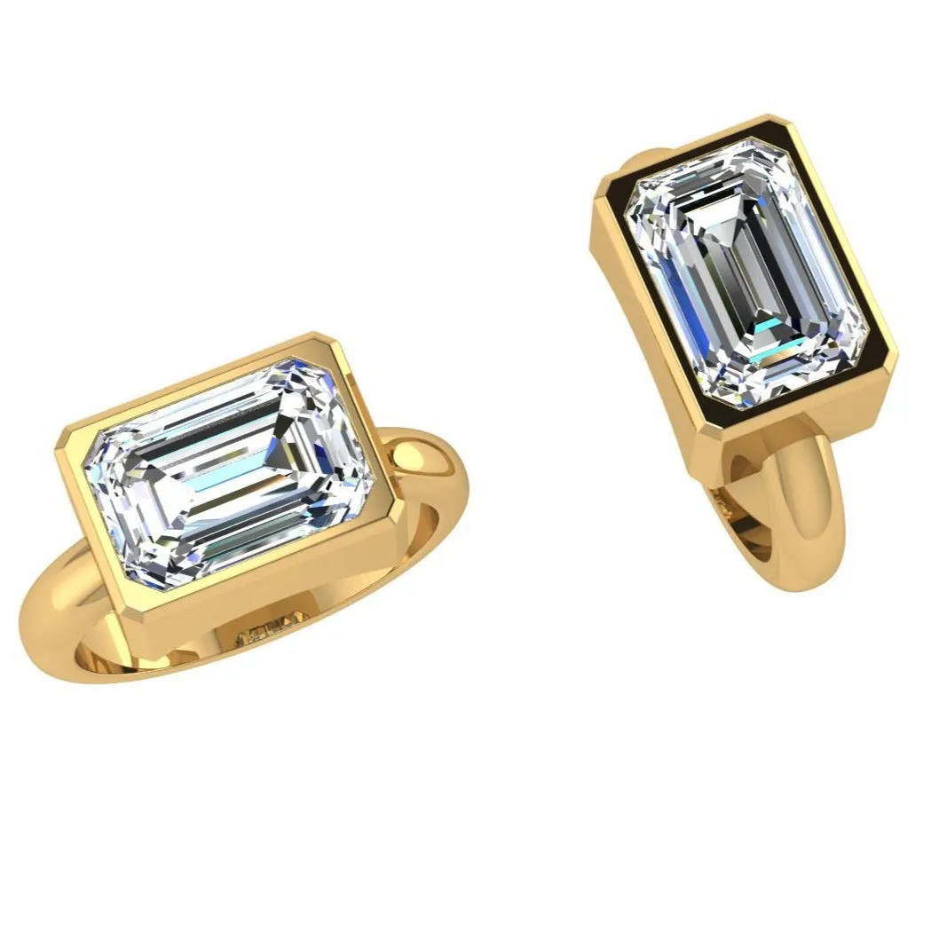 East West Emerald Cut Diamond Solitaire Bezel Setting