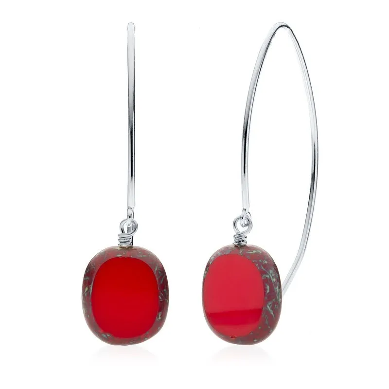 Red Glass Oval Drop Sterling Silver Wishbone Earrings