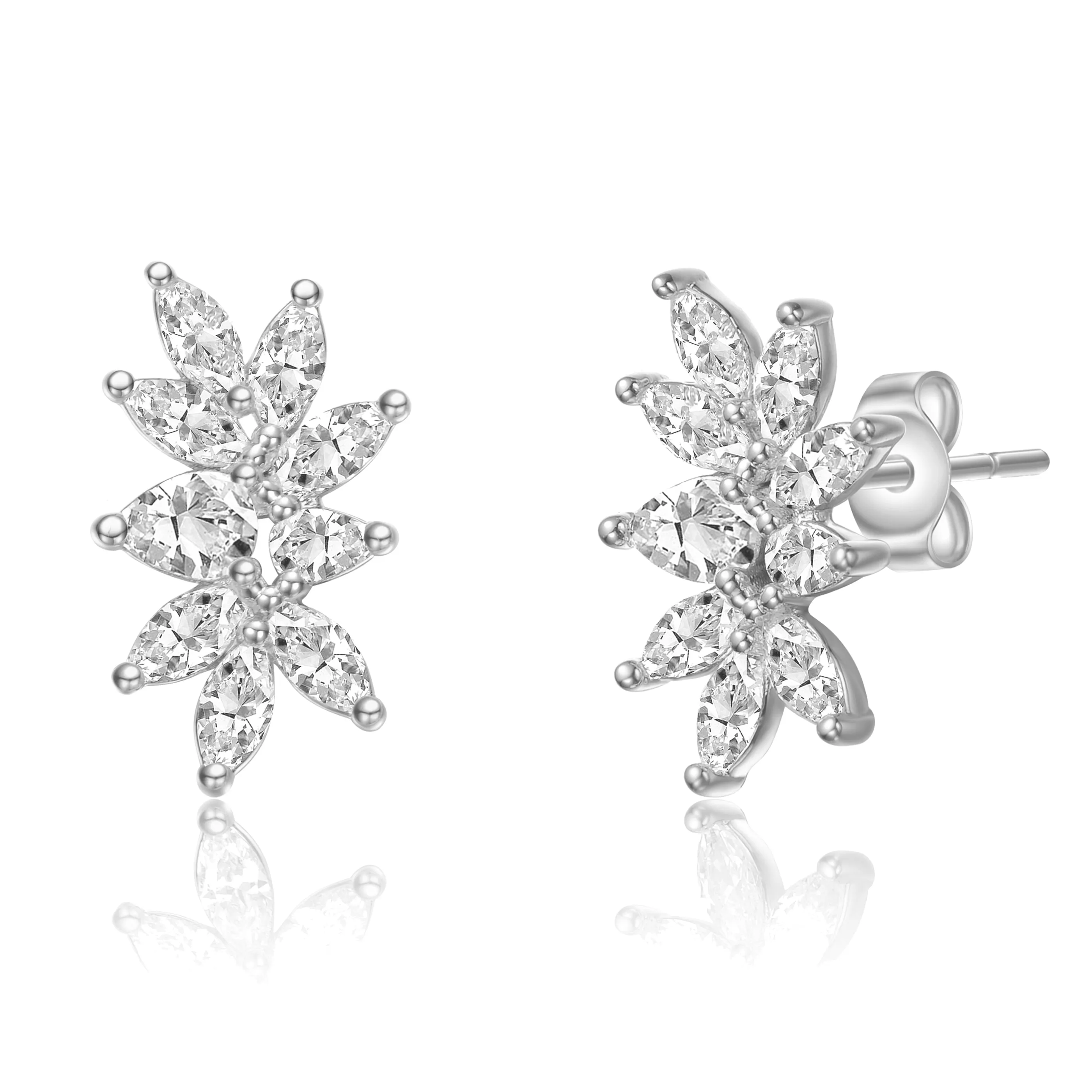 Sterling Silver White Gold Plated with Lab Created Moissanite Leaf Garden Cluster Stud Earrings