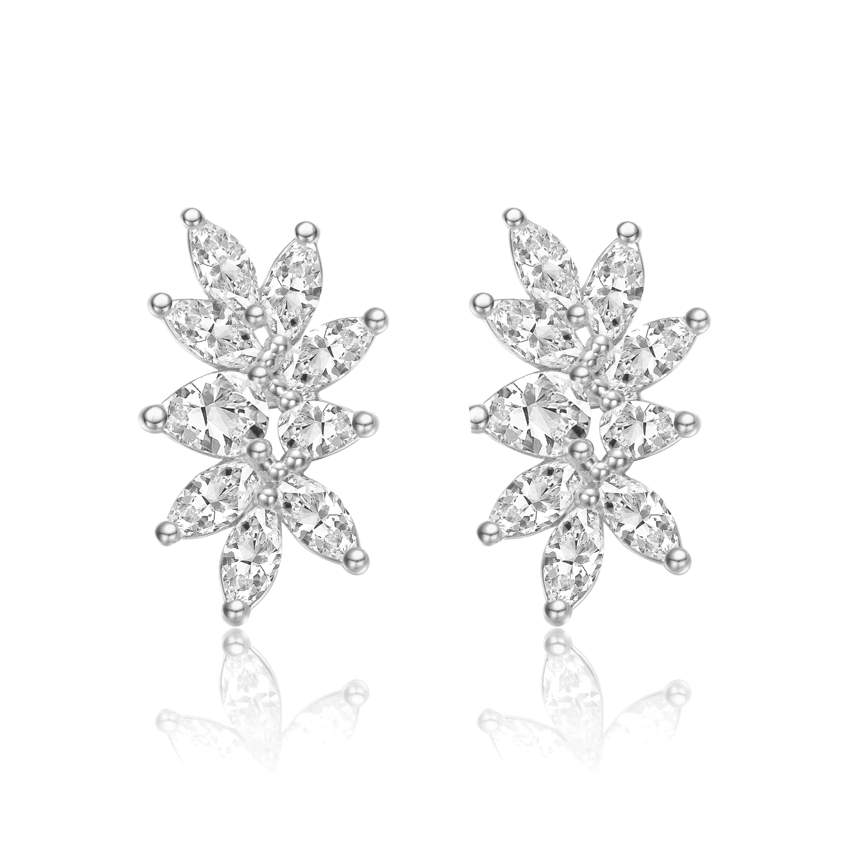 Sterling Silver White Gold Plated with Lab Created Moissanite Leaf Garden Cluster Stud Earrings