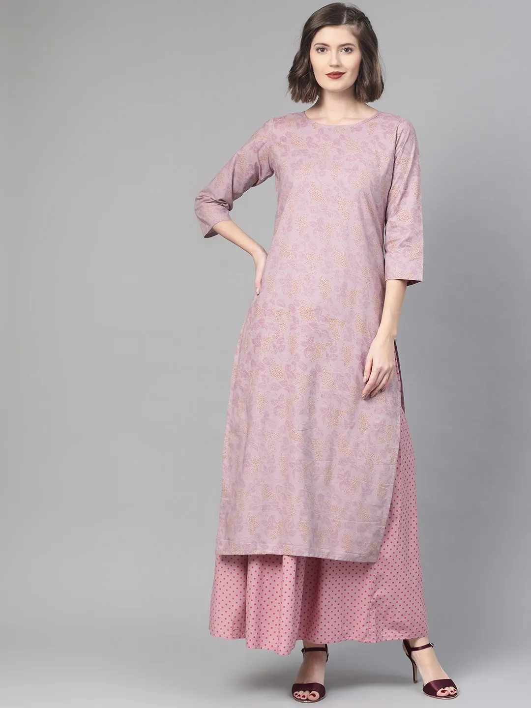 Women Mauve & Pink Straight Floral Printed Kurta And Skirt Set