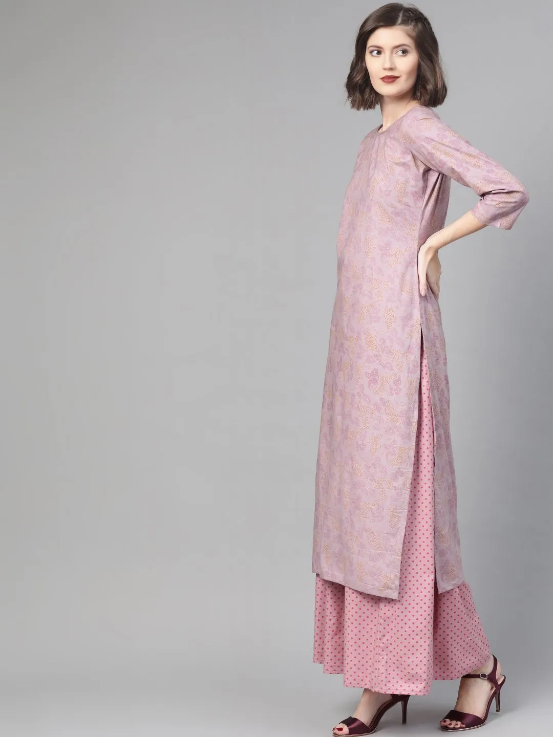 Women Mauve & Pink Straight Floral Printed Kurta And Skirt Set