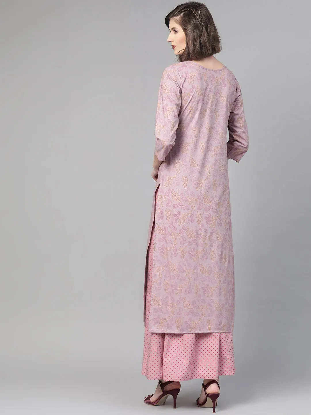 Women Mauve & Pink Straight Floral Printed Kurta And Skirt Set